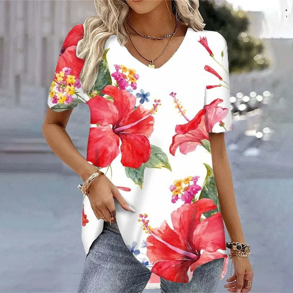 T-shirt Floral Été Femme V-Neck 3D