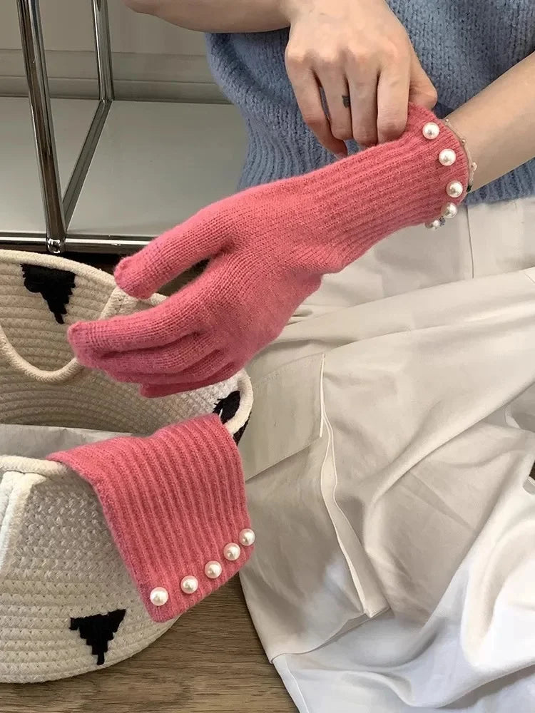 Gants Femme en Laine Éléguants avec Strass Blancs