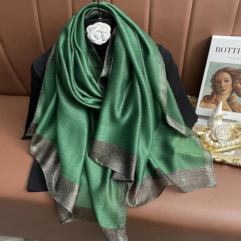 Écharpe en soie coréenne rayée dorée chic et polyvalente