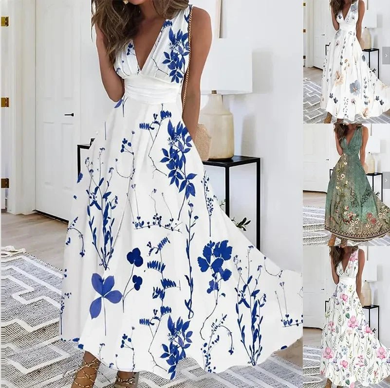 Amasun - Robe sexy col V imprimée, haute, sans manches, été - Zone shopping