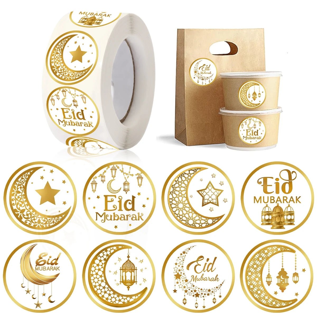 Autocollants EID Mubarak - Étiquettes or blanc, 500 pièces Ramadan - Zone shopping