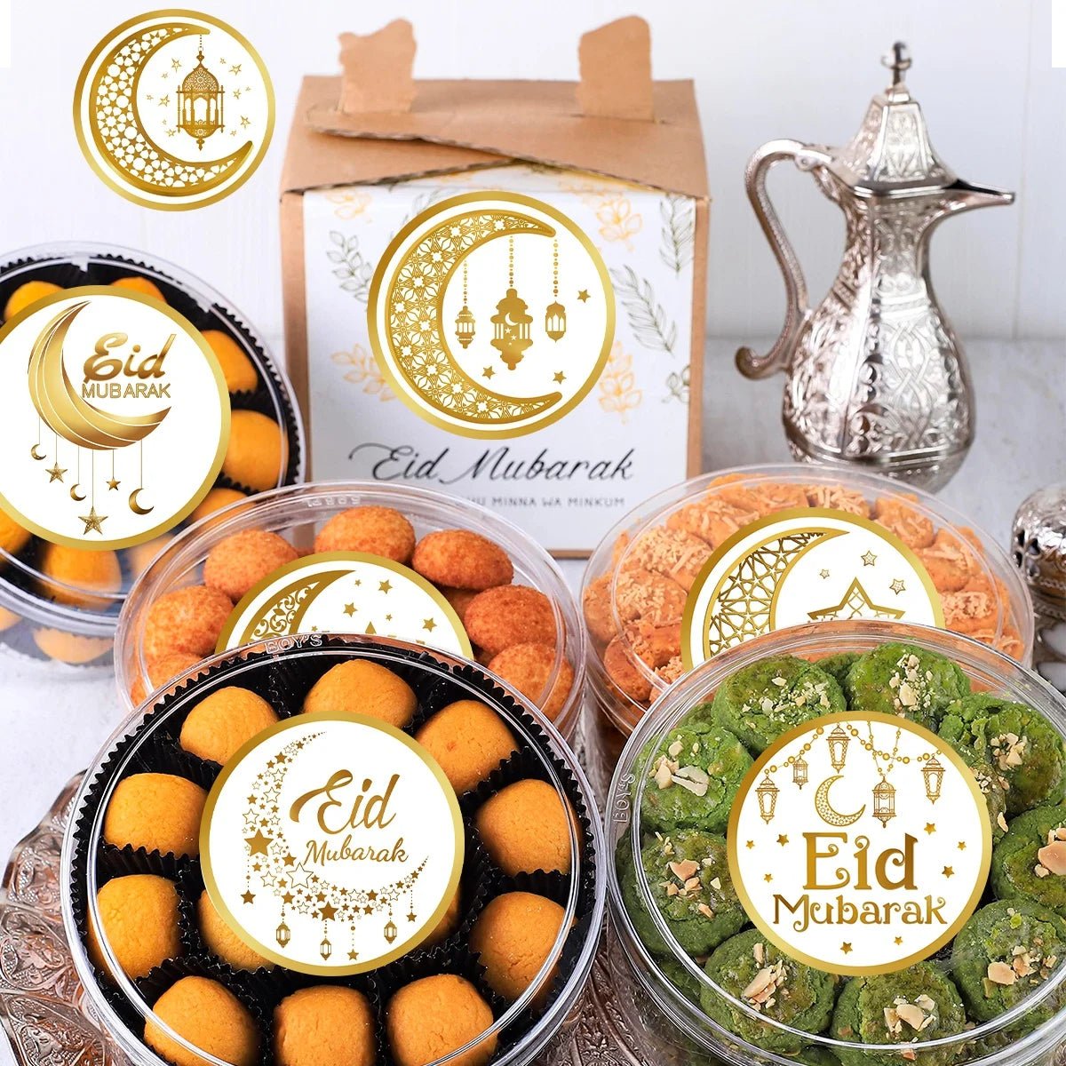 Autocollants EID Mubarak - Étiquettes or blanc, 500 pièces Ramadan - Zone shopping