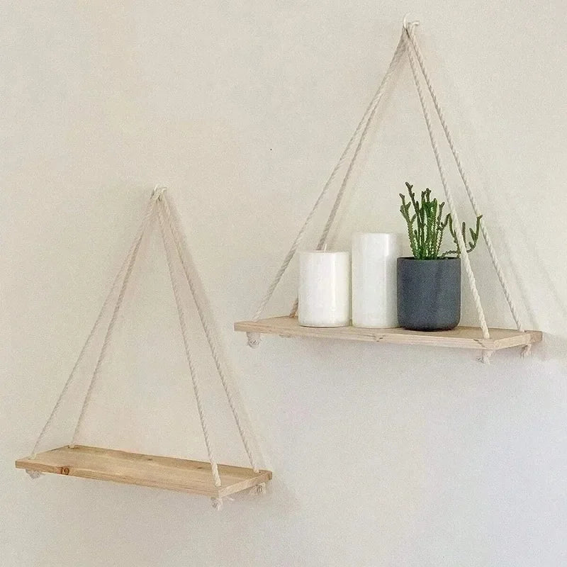 Balançoire en bois suspendue en corde de chanvre, 1 pièce, étagère murale flottante montée pour la maison, salon, plantes, Pot de fleur, plateau de rangement, décoration de jardin - Zone shopping