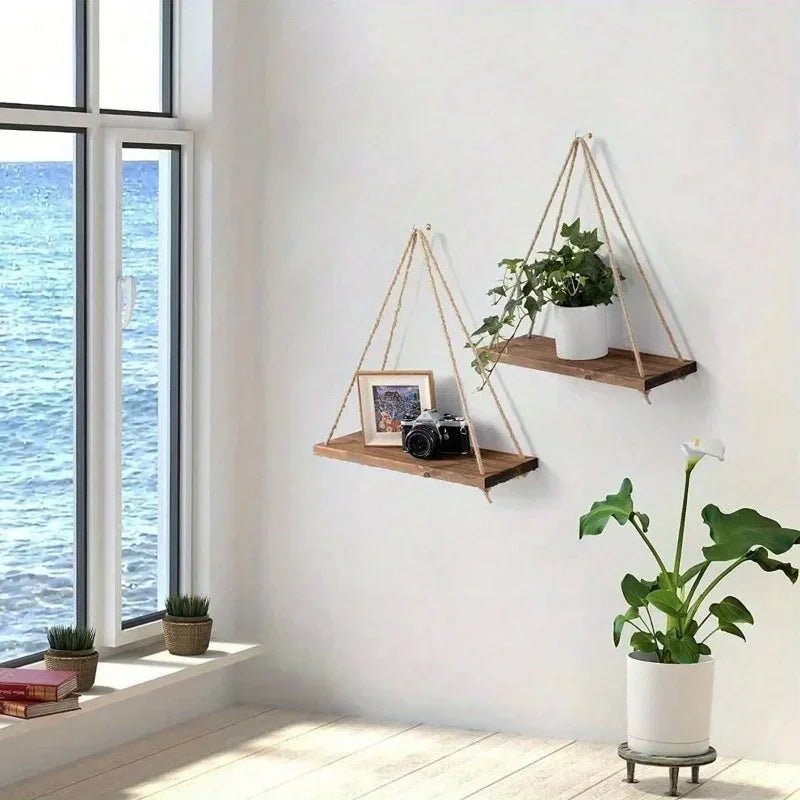 Balançoire en bois suspendue en corde de chanvre, 1 pièce, étagère murale flottante montée pour la maison, salon, plantes, Pot de fleur, plateau de rangement, décoration de jardin - Zone shopping