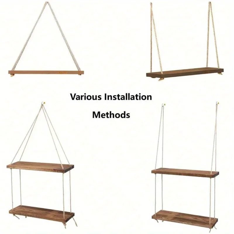 Balançoire en bois suspendue en corde de chanvre, 1 pièce, étagère murale flottante montée pour la maison, salon, plantes, Pot de fleur, plateau de rangement, décoration de jardin - Zone shopping