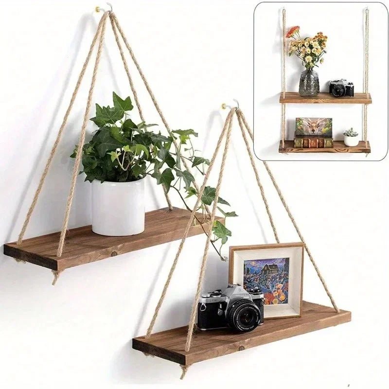 Balançoire en bois suspendue en corde de chanvre, 1 pièce, étagère murale flottante montée pour la maison, salon, plantes, Pot de fleur, plateau de rangement, décoration de jardin - Zone shopping