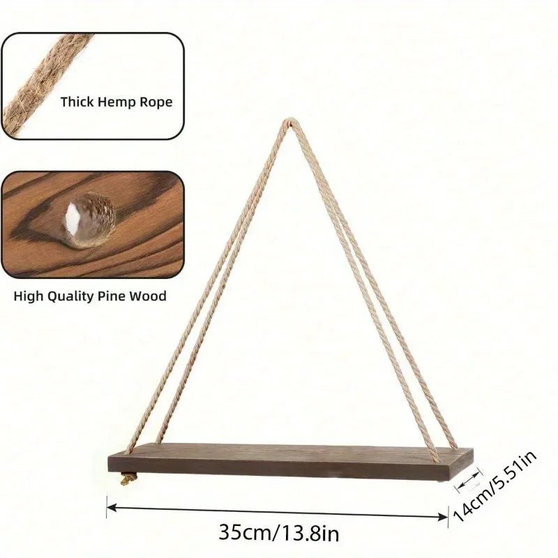 Balançoire en bois suspendue en corde de chanvre, 1 pièce, étagère murale flottante montée pour la maison, salon, plantes, Pot de fleur, plateau de rangement, décoration de jardin - Zone shopping