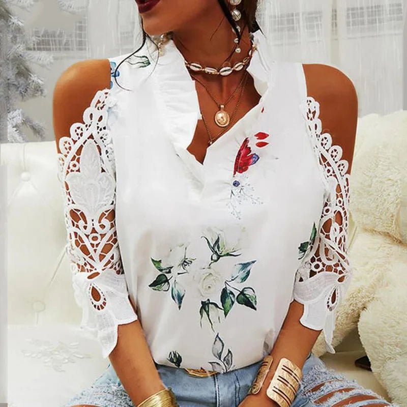 Blouse femme été sans bretelles sexy à fleurs, col en V dentelle 19361 - Zone shopping