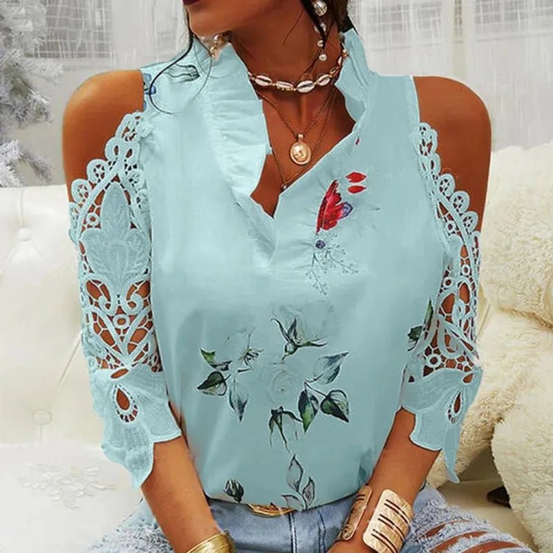 Blouse femme été sans bretelles sexy à fleurs, col en V dentelle 19361 - Zone shopping