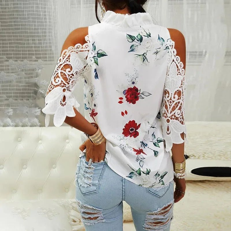 Blouse femme été sans bretelles sexy à fleurs, col en V dentelle 19361 - Zone shopping