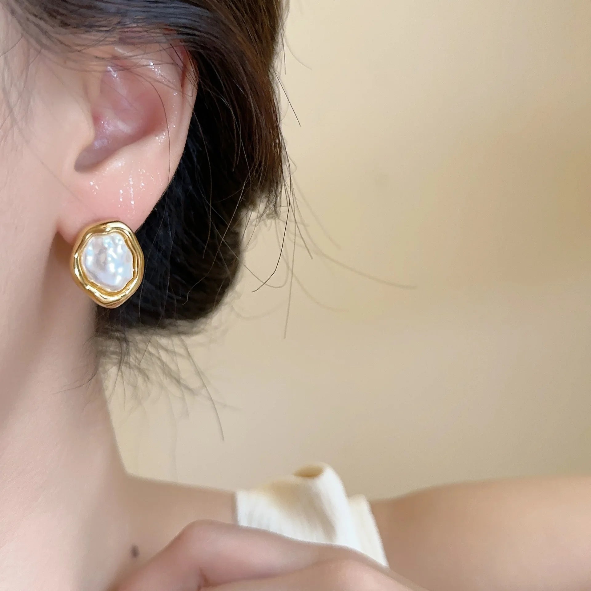 Boucles d'oreilles ovales dorées, perles, mode coréenne, géométrie - Zone shopping