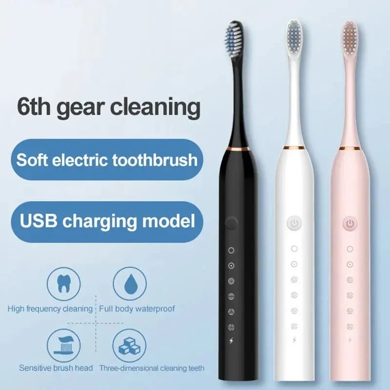 Brosse à dents électrique ultrasons étanche, 6 vitesses, USB, doux - Zone shopping