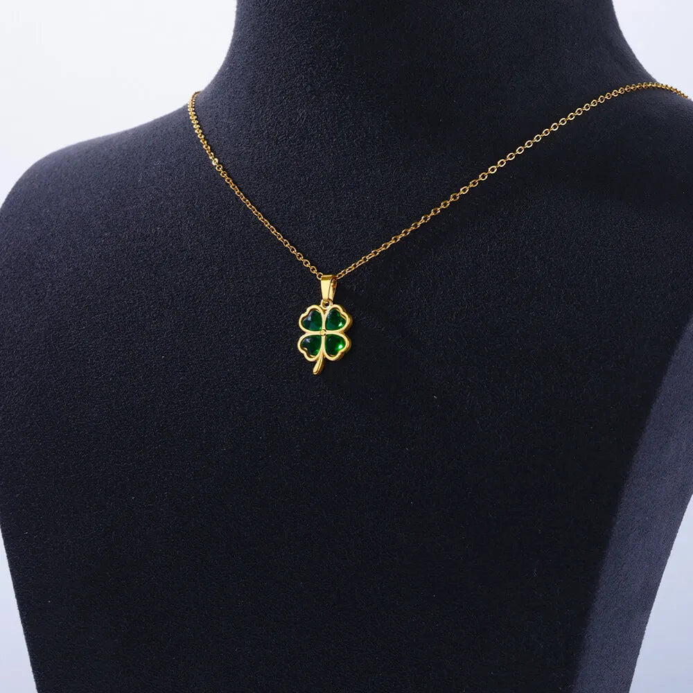 Colliers en acier inoxydable trèfle à quatre feuilles pour femmes, Zircon vert, couleur or, bijoux de qualité, pendentif, cadeau, livraison gratuite - Zone shopping