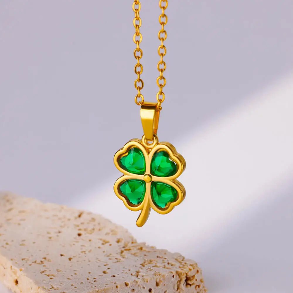 Colliers en acier inoxydable trèfle à quatre feuilles pour femmes, Zircon vert, couleur or, bijoux de qualité, pendentif, cadeau, livraison gratuite - Zone shopping