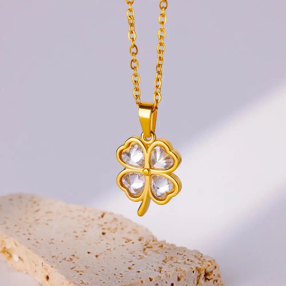 Colliers en acier inoxydable trèfle à quatre feuilles pour femmes, Zircon vert, couleur or, bijoux de qualité, pendentif, cadeau, livraison gratuite - Zone shopping