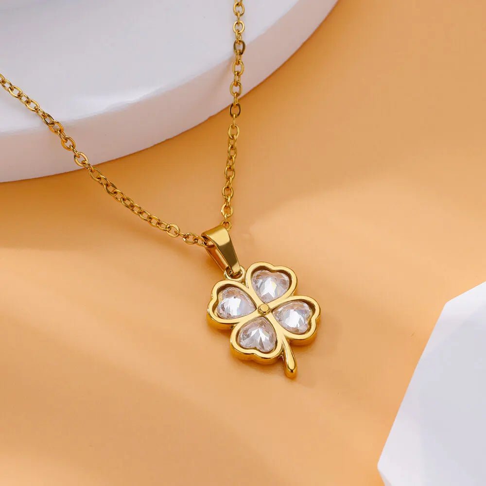 Colliers en acier inoxydable trèfle à quatre feuilles pour femmes, Zircon vert, couleur or, bijoux de qualité, pendentif, cadeau, livraison gratuite - Zone shopping