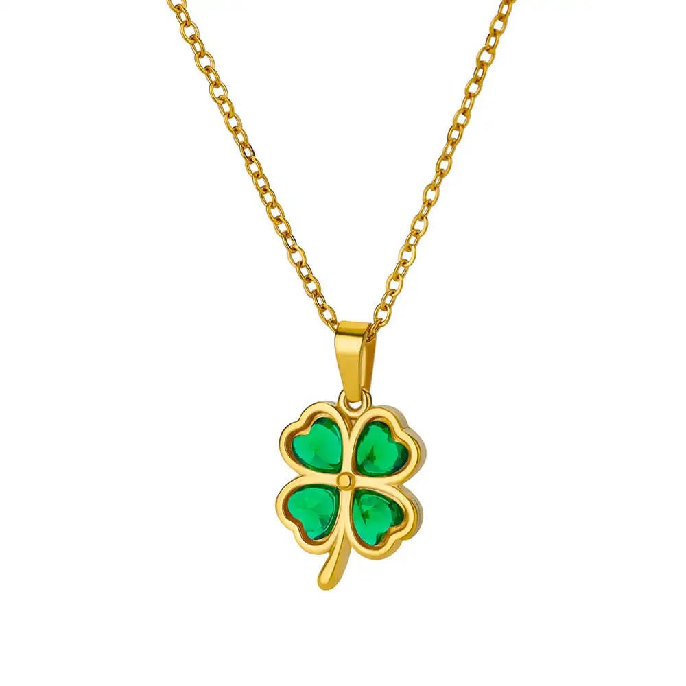 Colliers en acier inoxydable trèfle à quatre feuilles pour femmes, Zircon vert, couleur or, bijoux de qualité, pendentif, cadeau, livraison gratuite - Zone shopping