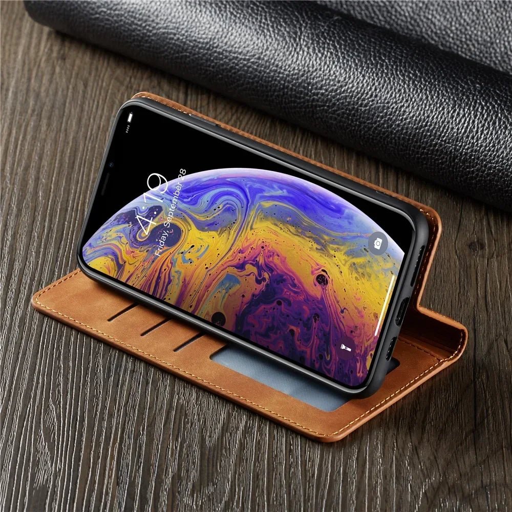 Étui portefeuille cuir suédé pour iPhone 6 à 16 Pro Max - Flip Cover - Zone shopping