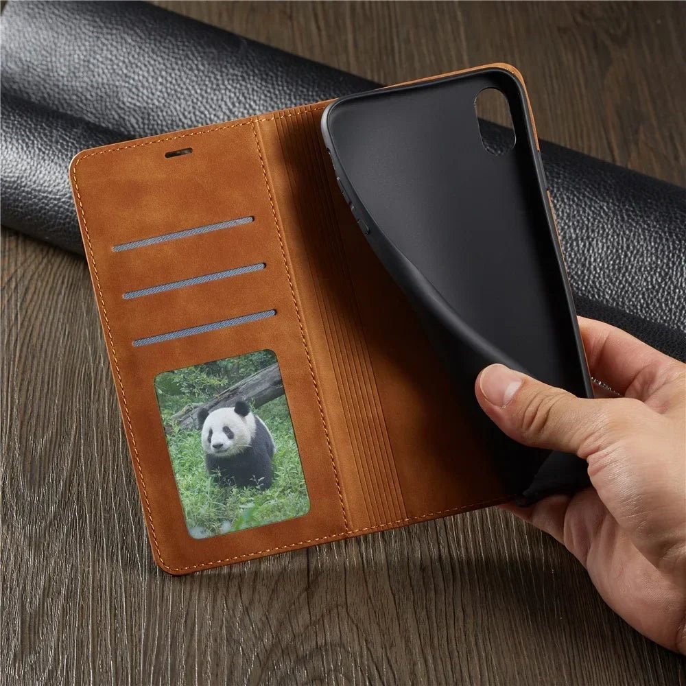 Étui portefeuille cuir suédé pour iPhone 6 à 16 Pro Max - Flip Cover - Zone shopping
