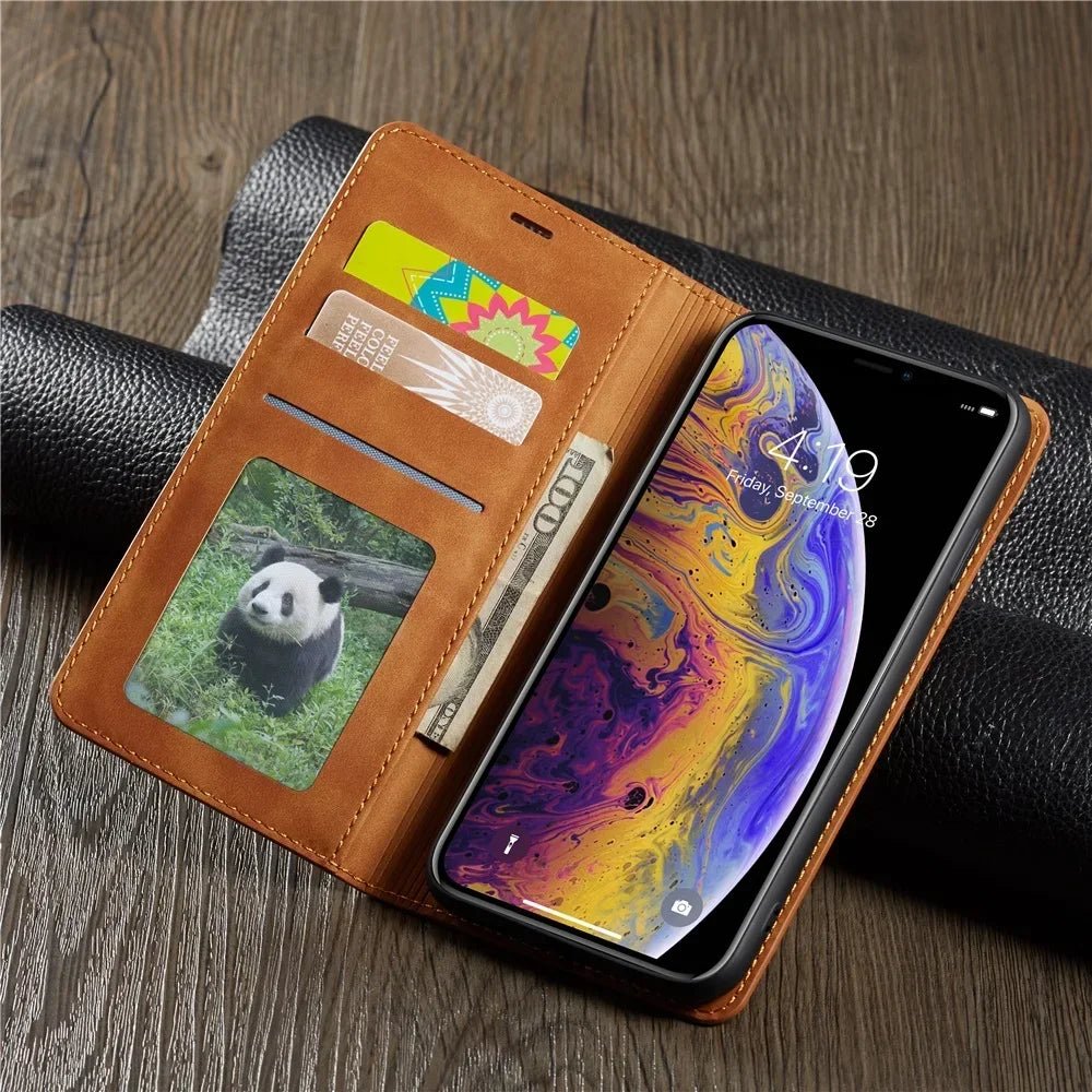 Étui portefeuille cuir suédé pour iPhone 6 à 16 Pro Max - Flip Cover - Zone shopping
