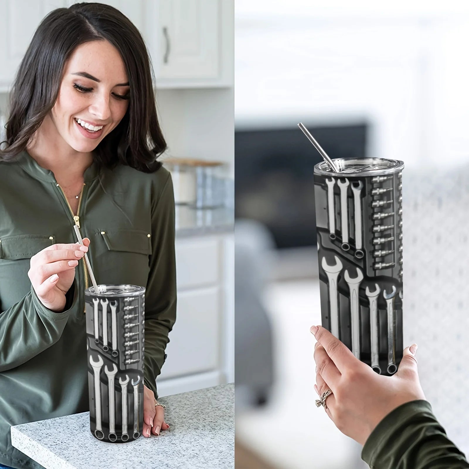 Gobelet inox 20oz avec couvercle et paille - Isolé, été/hiver - Zone shopping