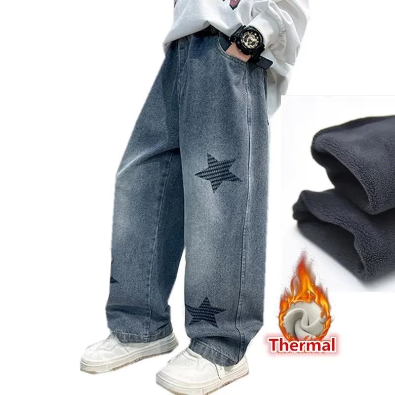 Jeans d'hiver étoilés pour garçon, denim chaud, mode coréenne 5 - 14 ans - Zone shopping