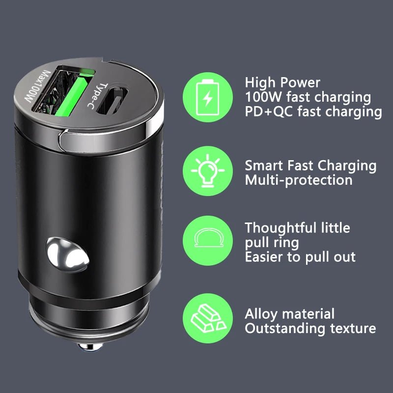 Mini chargeur voiture 100W QC3.0 USB - C pour iPhone, Samsung, Huawei - Zone shopping