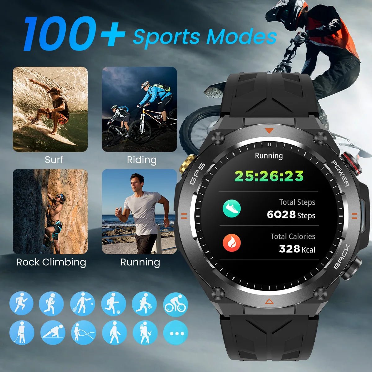 Montre GPS homme étanche IPX8, 100+ modes, appel Bluetooth, sport - Zone shopping