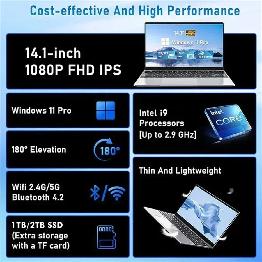 Ordinateur Portable Gamer 14.1 Intel i9, Windows 11 Pro, 16GB RAM - Zone shopping