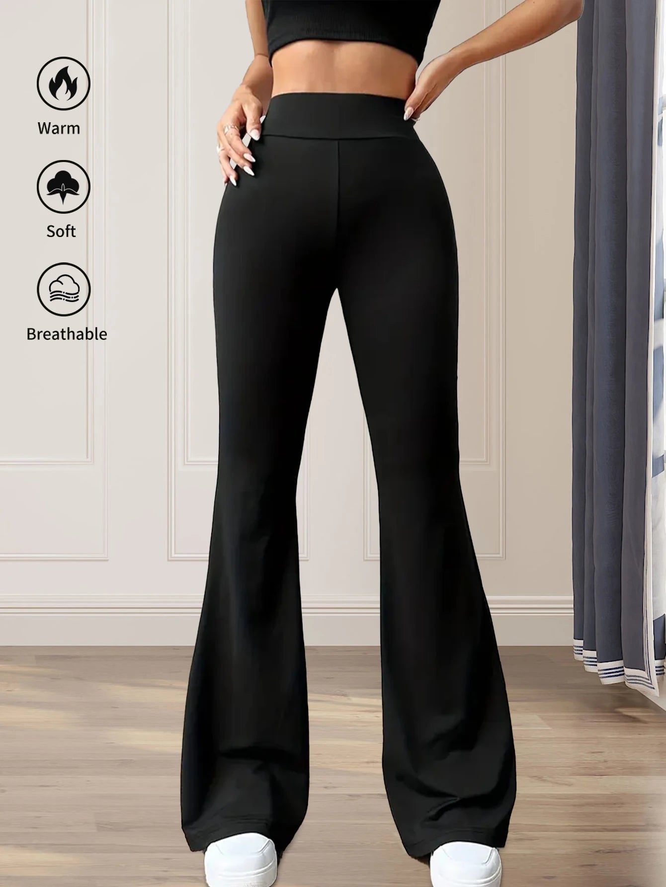 Pantalon évasé moulant taille haute pour femmes, pantalon noir long à jambes fines, pantalon fin à jambes larges pour femmes minces, printemps et été - Zone shopping