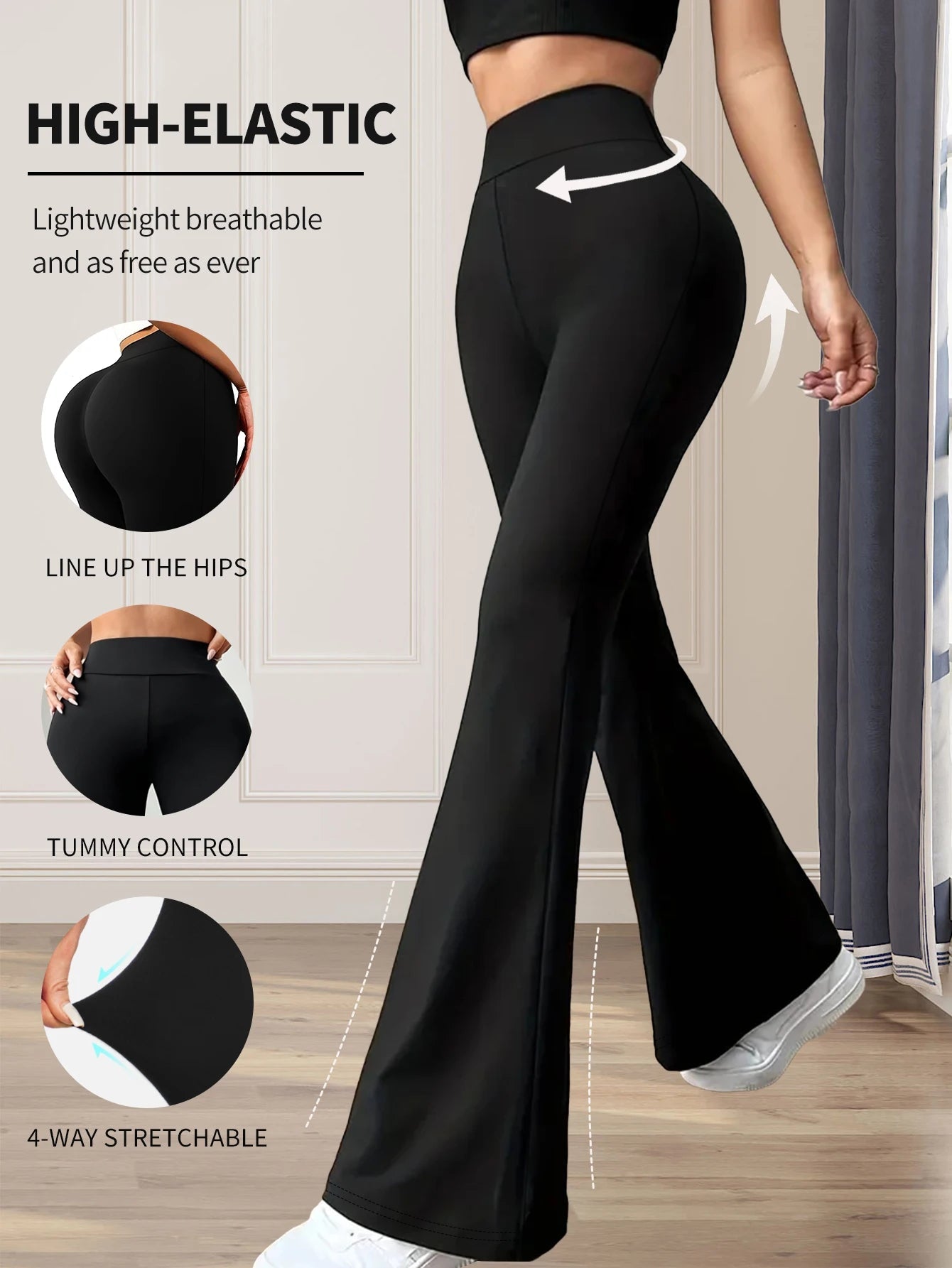 Pantalon évasé moulant taille haute pour femmes, pantalon noir long à jambes fines, pantalon fin à jambes larges pour femmes minces, printemps et été - Zone shopping