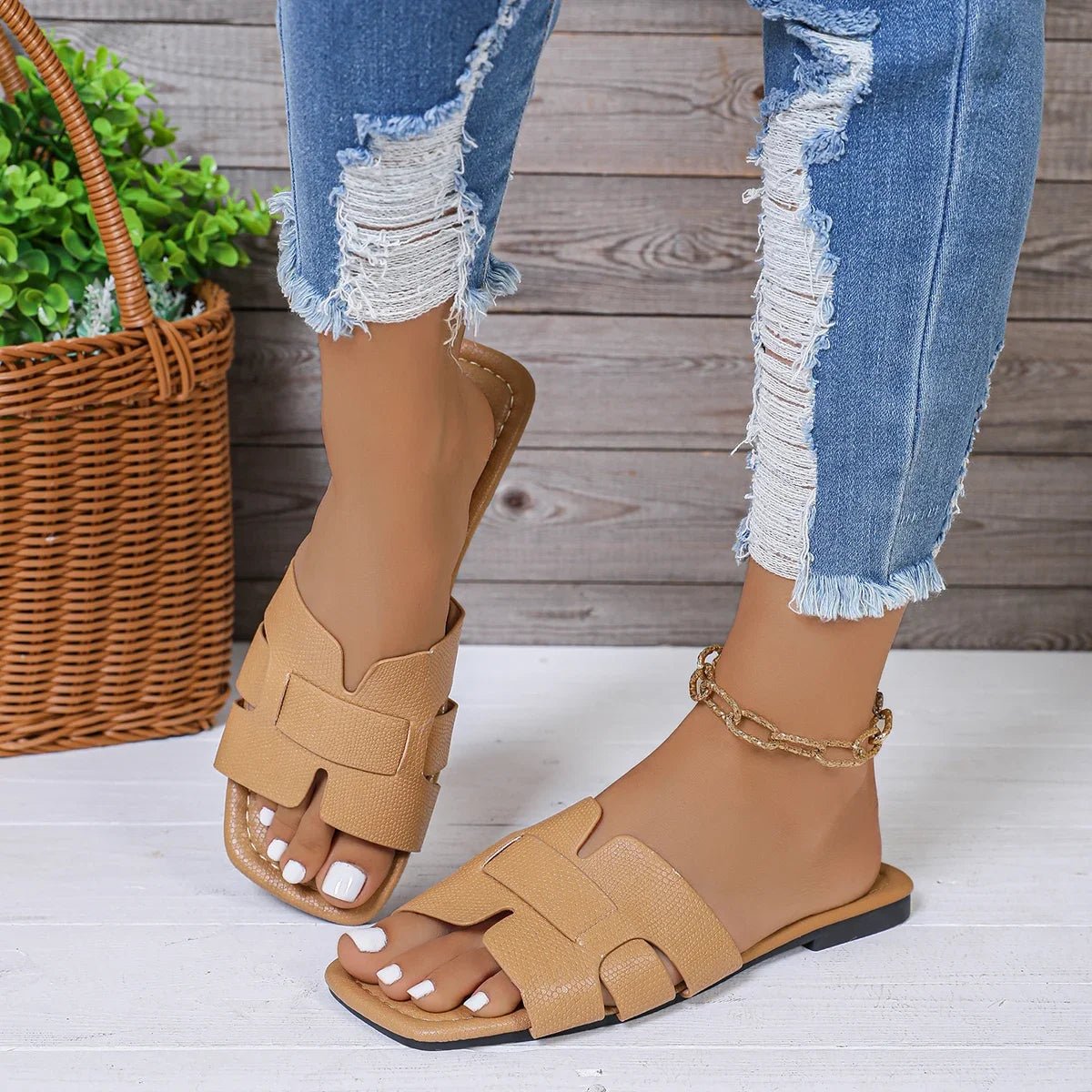 Pantoufles en Cuir Noir à Talons Exposés pour Femme Sandales Plates, Chaussures de Plage, Décontractées, pour Couple - Zone shopping