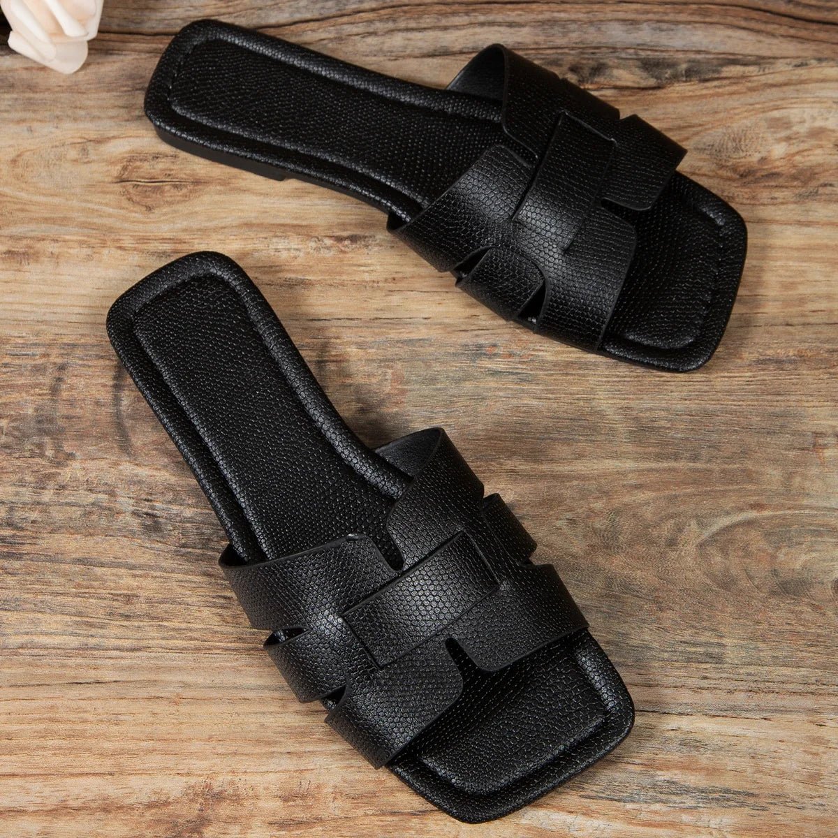 Pantoufles en Cuir Noir à Talons Exposés pour Femme Sandales Plates, Chaussures de Plage, Décontractées, pour Couple - Zone shopping