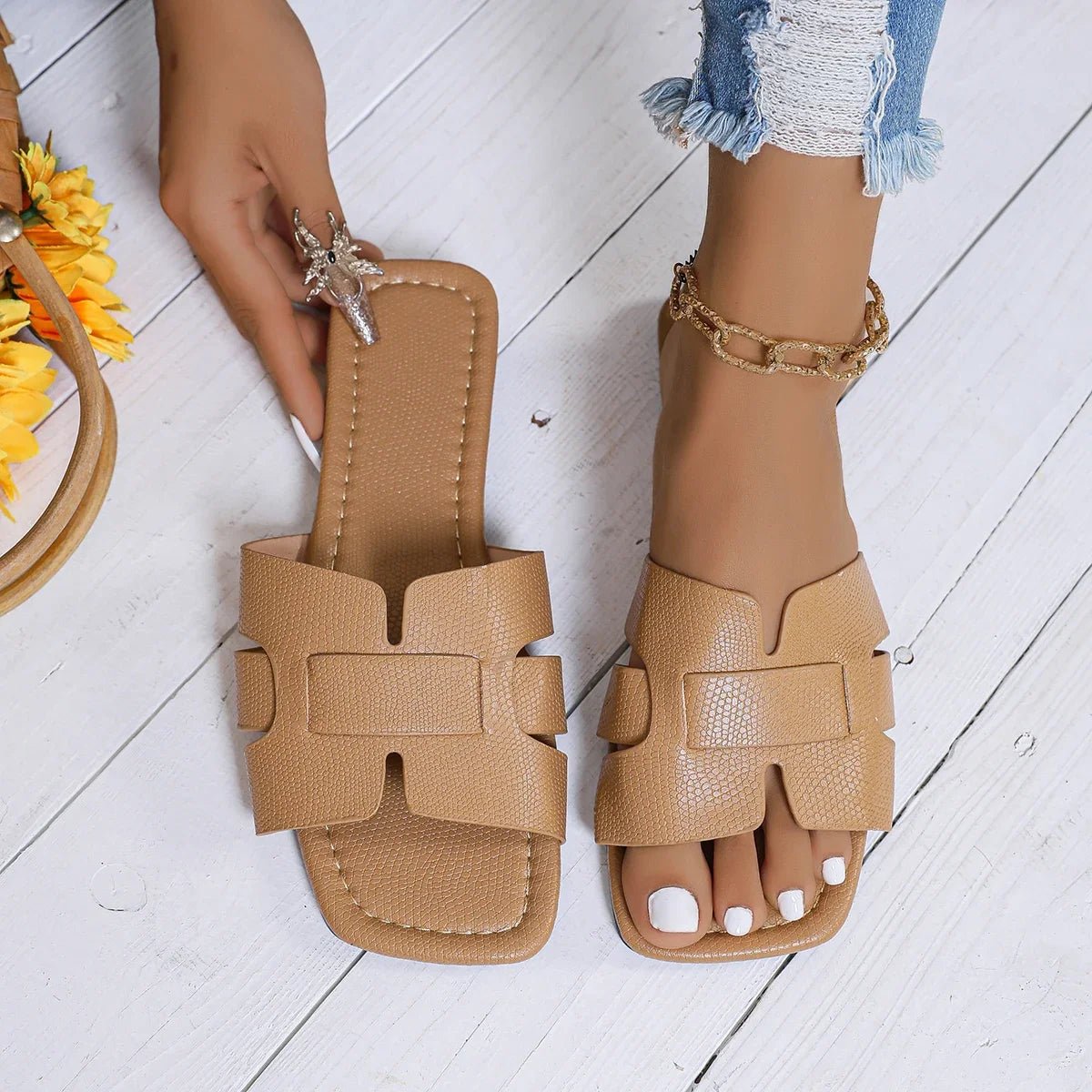 Pantoufles en Cuir Noir à Talons Exposés pour Femme Sandales Plates, Chaussures de Plage, Décontractées, pour Couple - Zone shopping