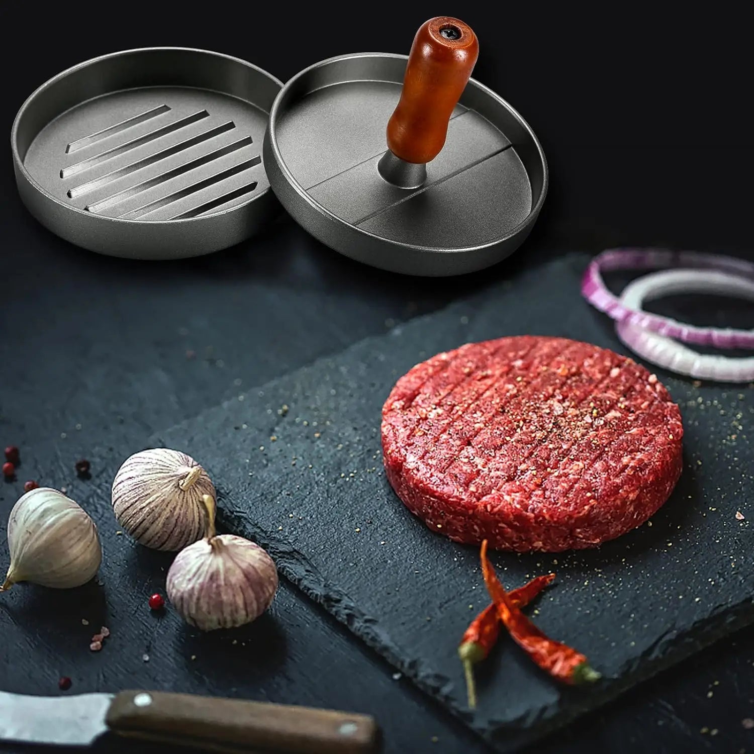 Presse à hamburger inox avec poignée en bois - Zone shopping