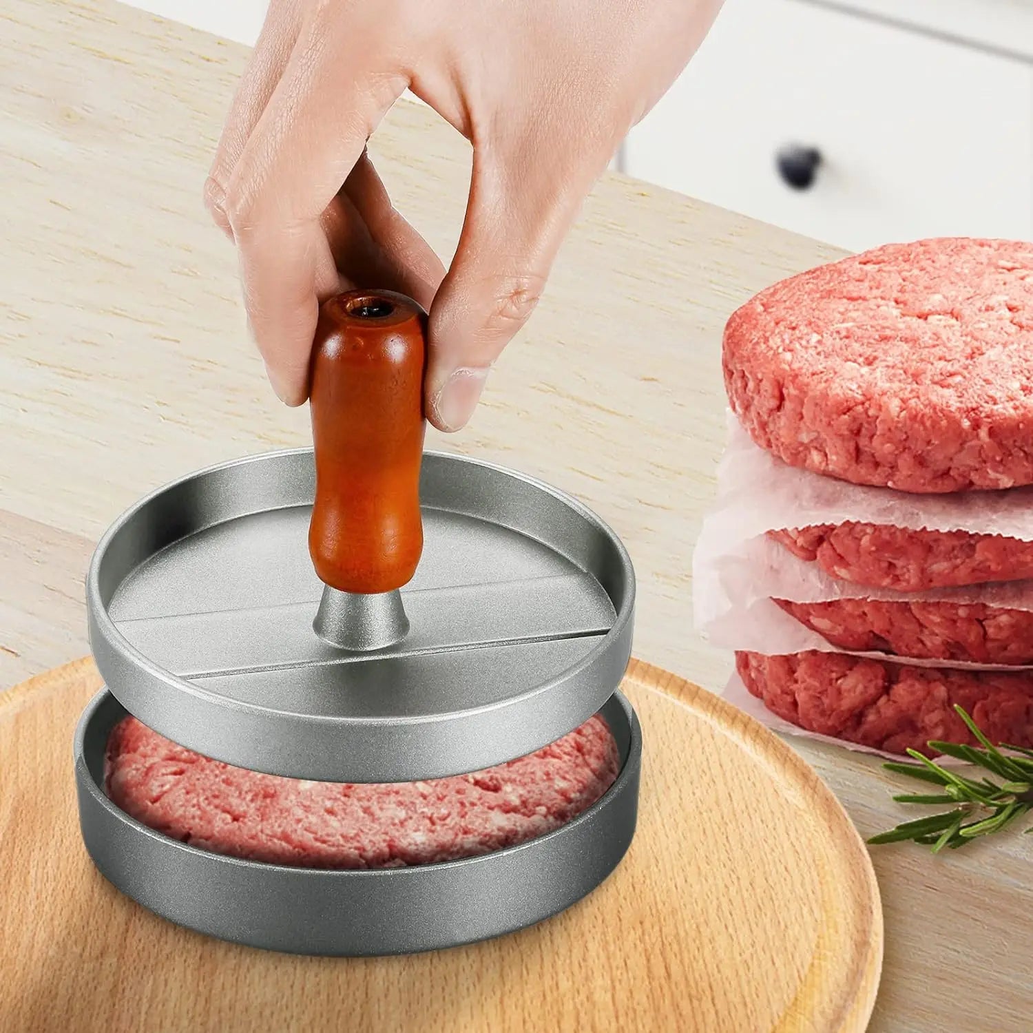 Presse à hamburger inox avec poignée en bois - Zone shopping
