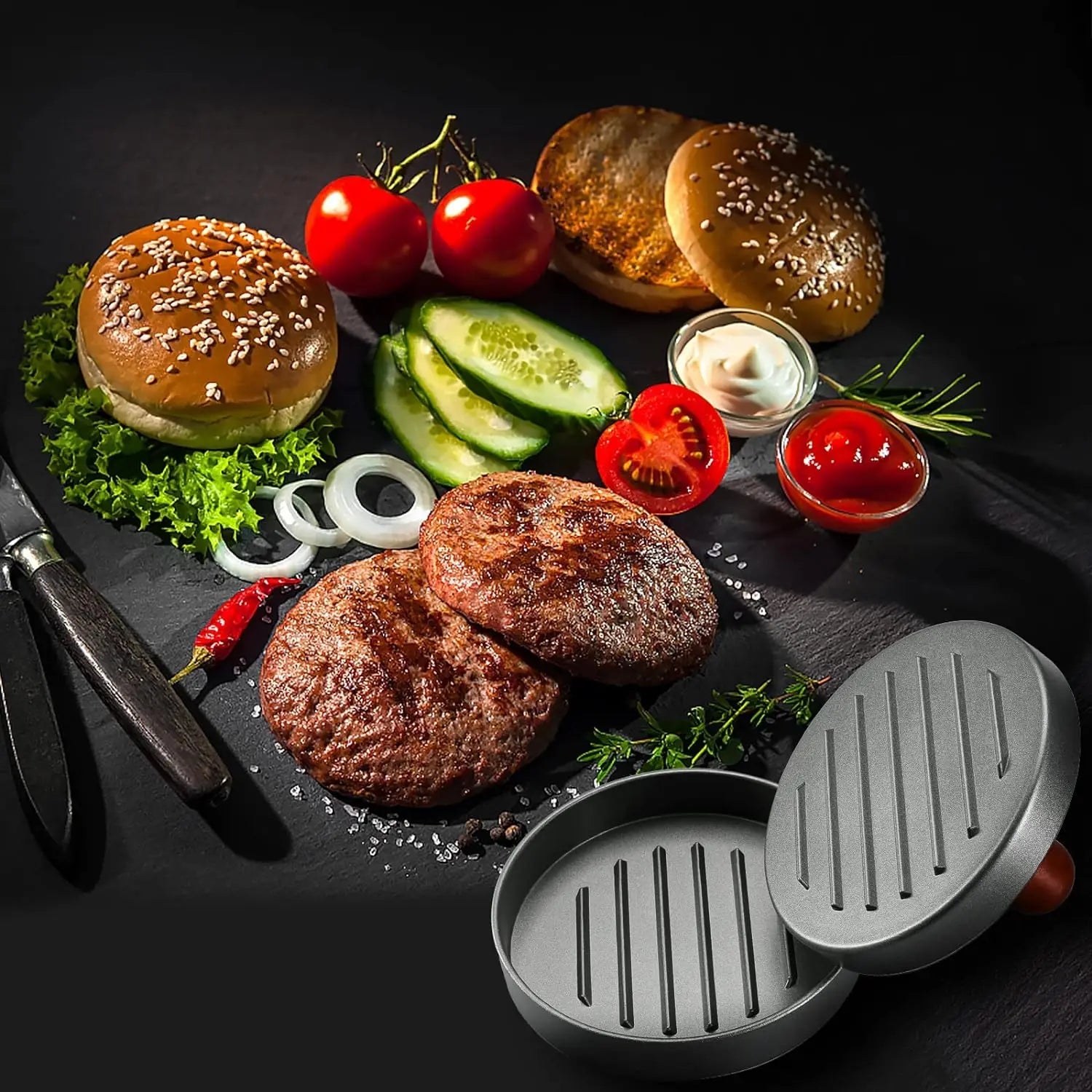 Presse à hamburger inox avec poignée en bois - Zone shopping
