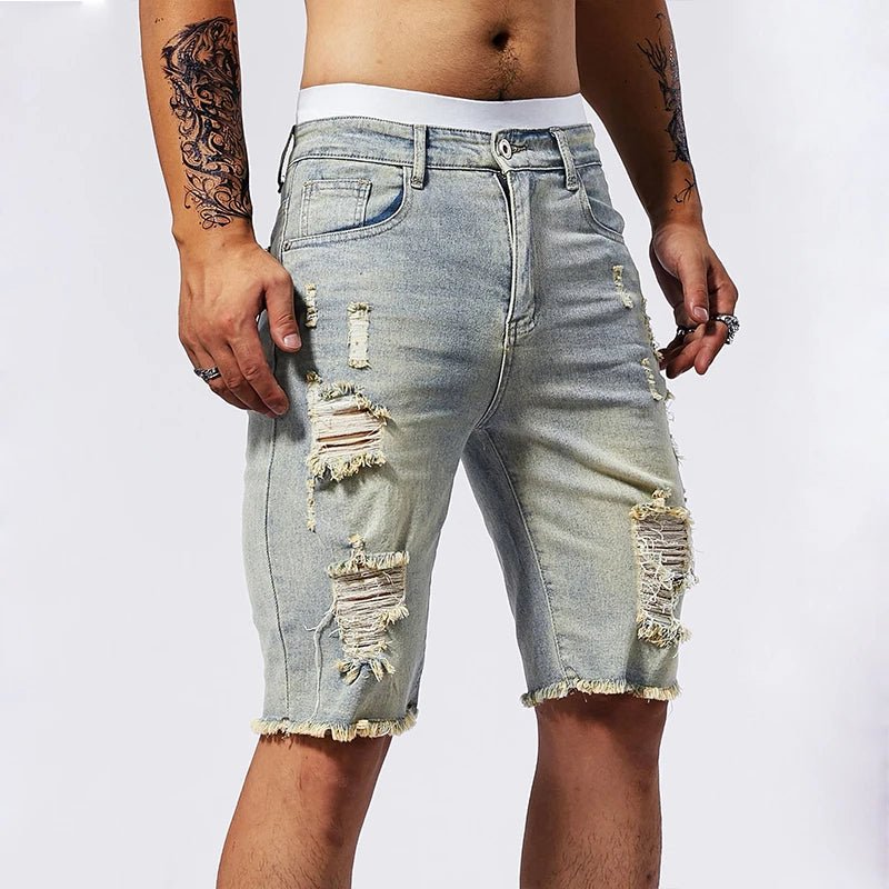 Short en Denim Vintage Homme, Jean Slim Extensible Déchiré Bleu Noir - Zone shopping
