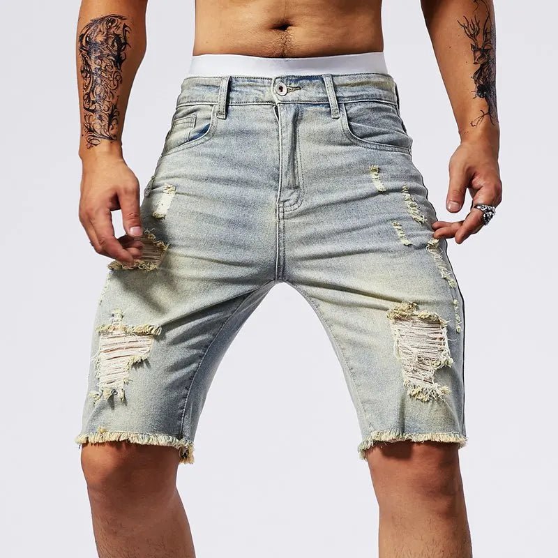 Short en Denim Vintage Homme, Jean Slim Extensible Déchiré Bleu Noir - Zone shopping