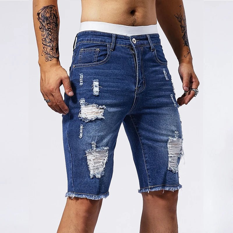 Short en Denim Vintage Homme, Jean Slim Extensible Déchiré Bleu Noir - Zone shopping