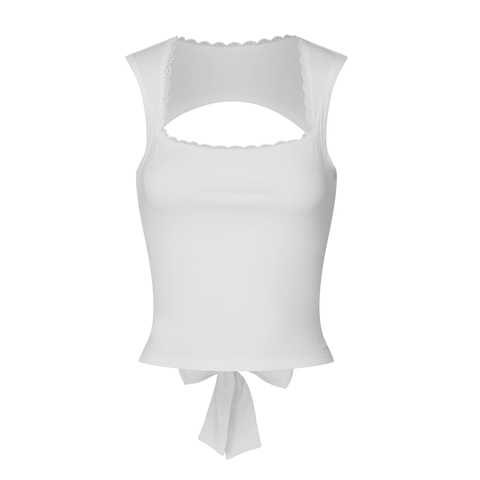 Women's Backless Tie Tank Tops Classic Sleeveless Square Neck Lace Trim Vest Summer Tops Shirts - Zone shopping