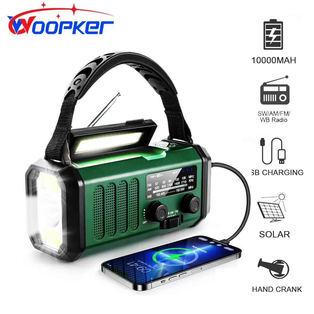 Woopker Radio d'urgence solaire E30, 10000mAh, FM, LED, SOS, portable - Zone shopping